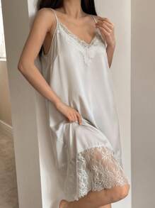 DAZY Camisón de pijama elegante de unicolor con parches de encaje - Gris - Ver 7