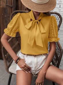 SHEIN Clasi Blusa de unicolor de manga corta para mujer, de moda para el verano - Amarillo - Ver 5