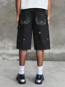 ROMWE MEN ROMWE Avant Pantalones cortos vaqueros (jorts) de hombre con decoración de strass, de moda de vanguardia para el verano