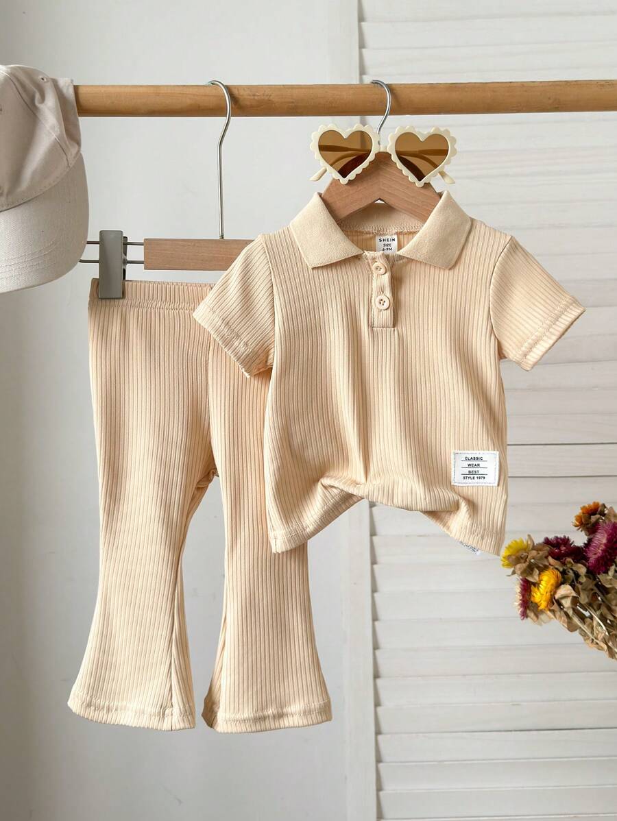 Infant/Baby Girl Casual Polo Shirt Top And Flared Pants Set - Apricot - View 1