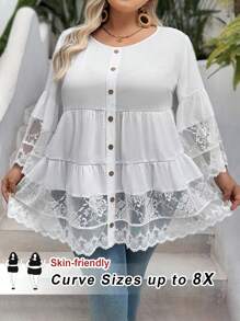 SHEIN CURVE+ Plus Size Women's 3/4 Sleeve Lace Patchwork Loose White Shirt, Suitable For Casual Vacation, Boho Beach - White - View 1
