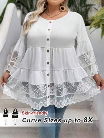 SHEIN CURVE+ Plus Size Women's 3/4 Sleeve Lace Patchwork Loose White Shirt, Suitable For Casual Vacation, Boho Beach