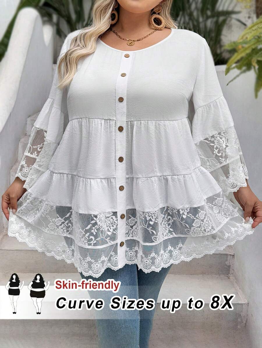 SHEIN CURVE+ Plus Size Women's 3/4 Sleeve Lace Patchwork Loose White Shirt, Suitable For Casual Vacation, Boho Beach - White - View 1