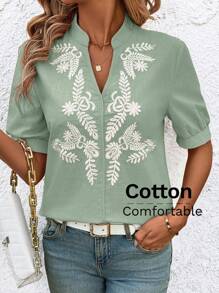 SHEIN Clasi V-Neck Eyelet Embroidery Women Shirt, Fashionable For Summer, Christmas - Mint Green - View 7