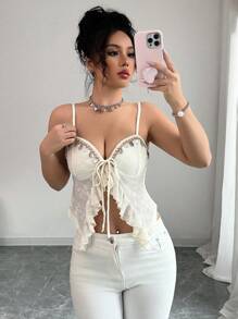 Elenzga Women's Jacquard Fabric Shell Tape Strap Decorative Sequin Camisole, Elegant For Holiday & Daily Wear - Apricot - View 3