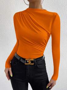 SHEIN PETITE Black Ruched Long Sleeve Blouse, Fashionable For Summer Fall Cloth For Women - Orange - View 4