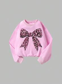 Set de 2 piezas de sudadera con estampado de lazo de leopardo y pantalón acampanado para niñas preadolescentes, adecuado para otoño/invierno