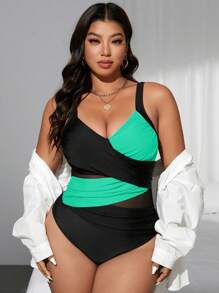 Swim Lushoire 大码女式交叉双色网眼拼接连体泳衣，夏季海滩度假 - 薄荷綠 - 查看 4