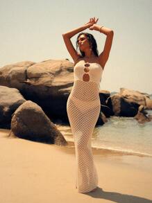 Lumivelle 杏色镂空针织露背前扣长款沙滩裙，性感优雅度假罩衫 - 杏色 - 查看 4