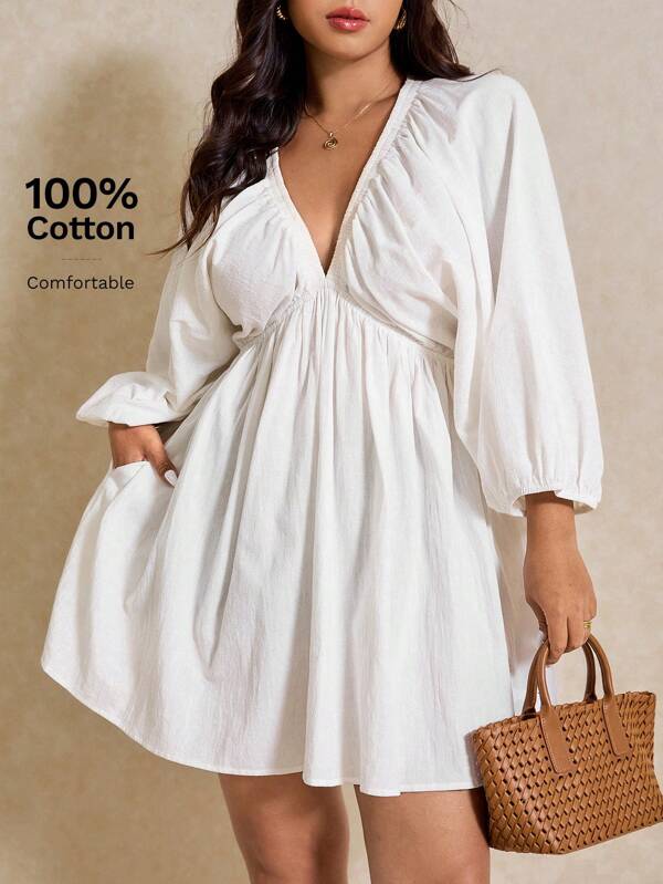 Elaquor Vestido informal de talla grande de manga farol en unicolor