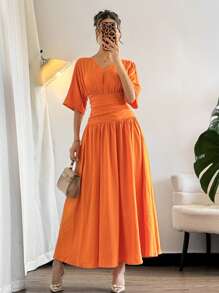 Firerie Damen elegantes Sommer Lässig Pendler Urlaub orange helle Farbe V-Ausschnitt Kurzarm Taillengegurtetes A-Linien Midi-Kleid