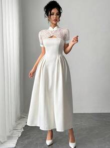 Firerie Elegant Minimalist Delicate Romantic Commute & Daily Vacation Outfits Woman Lace Patchwork Puff Sleeve Gathered Waist Mid-Calf White Dress, For Women - White - View 1