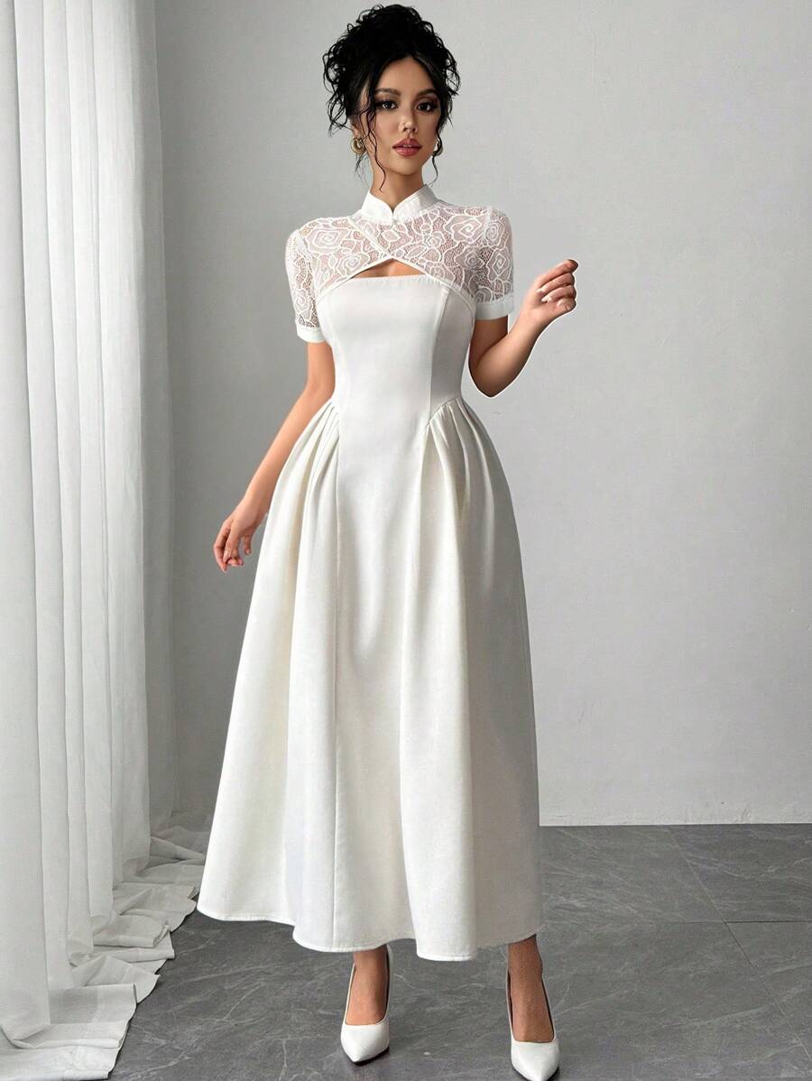 Firerie Elegant Minimalist Delicate Romantic Commute & Daily Vacation Outfits Woman Lace Patchwork Puff Sleeve Gathered Waist Mid-Calf White Dress, For Women - White - View 1
