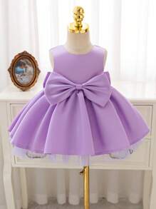 Glamorique Kids 圣诞派对装白色圣诞老人礼服薄纱女童公主裙，优雅白色婚礼花童礼服，手工串珠大蝴蝶结，生日派对公主裙 - 紫色 - 查看 2