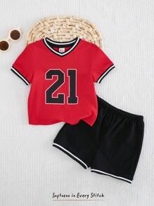 Cozy Pixies Set 2pcs Baju Bayi Laki-laki Rajut Lembut Motif Huruf Leher V Lengan Pendek & Celana Pendek Pinggang Elastis - MultiWarna - View 1