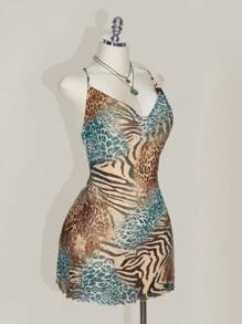 SHEIN ICON 加大码豹纹垂坠领吊带背心紧身 A 字中长连衣裙，波西米亚风格，适合夏季度假 - 彩色 - 查看 8