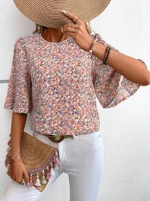 SHEIN LUNE Women's Casual Vacation Teacher Work Shirt With Puff Ruffle Sleeves And Ditsy Floral, Autumn - Pink - View 3