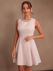 SHEIN Unity Summer, Holiday, Casual, Festival, Vacation, Date Night Rhinestone Decor Solid Color Bodycon Short Dress For Women - Pink - View 7