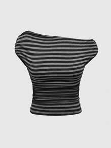 ROMWE Grunge Punk Y2K Shibuya Girl 千禧复古复兴条纹修身不对称褶皱女式 T 恤 - 彩色 - 查看 1