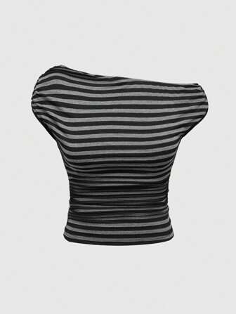Grunge Punk Y2K Shibuya Girl Millennium Vintage Revived Striped Form-Fitting Asymmetric Ruched Women T-Shirt