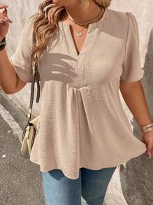 Linhara Plus Size Women's Solid Color V-Neck Short Sleeve Pleated Blouse, Spring/Summer
