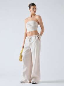 LYSMO 2pcs Women Summer Casual Solid Color Ruched Bustier Top And Wide Leg Pants Set - Beige - View 1