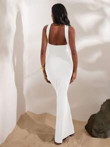 Opulessa 1pc Women Solid Color Knitted Form-Fitting Backless Sleeveless Dress - White - View 2