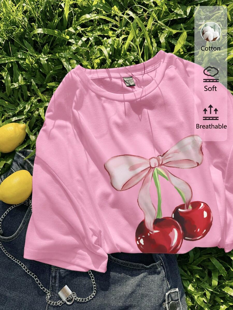 SHEIN EZwear Camiseta de manga corta con cuello redondo y gráfico de cerezas de talla grande, corte casual y holgado para mujer, para el verano