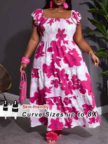 SHEIN CURVE+ Vestido holgado con estampado floral, volantes en el bajo y cinturón para vacaciones y ocio en tallas grandes, estilo bohemio