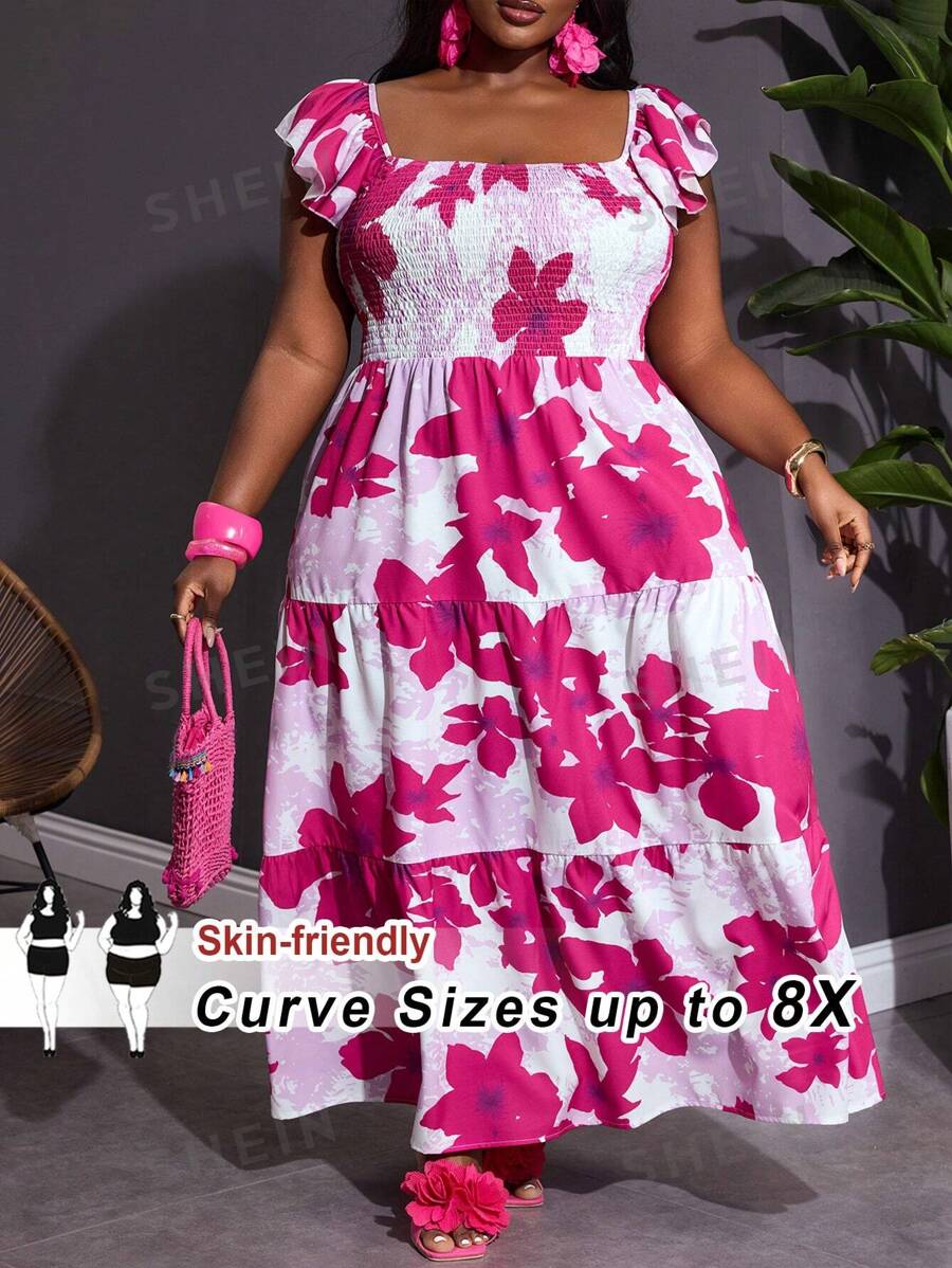 SHEIN CURVE+ Vestido holgado con estampado floral, volantes en el bajo y cinturón para vacaciones y ocio en tallas grandes, estilo bohemio