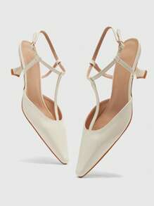 CUCCOO BIZCHIC 经典白色漆皮踝带尖头低跟一脚蹬平底鞋，时尚百搭舒适鞋，适合通勤、约会、派对、婚礼、节日场合 - 米色 - 查看 9