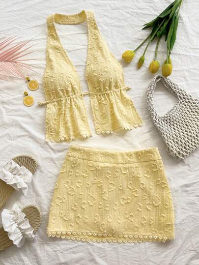 Soleia 2 Pieces Women's Summer Textured Fabric Floral Trim Halter Hollow Out Waist Tie Up Yellow Set For Party, Sexy Date Night, Vacation, Music Festival, Boho Style,Butter Yellow,Summer Sets
