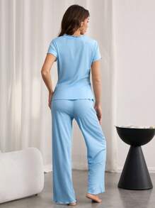 SHEIN Women's Hollow-Out Ruffle Trim Front Pleat Loungewear Set