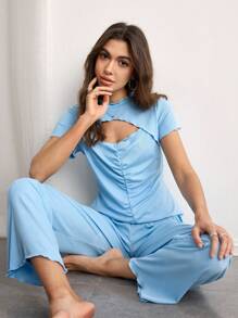 SHEIN Women's Hollow-Out Ruffle Trim Front Pleat Loungewear Set