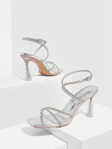 CUCCOO SZL Sandalias de mujer con puntera cuadrada y cadena de strass plateados, zapatos de vestir con tacón grueso transparente, tacones altos - Plateado - Ver 6
