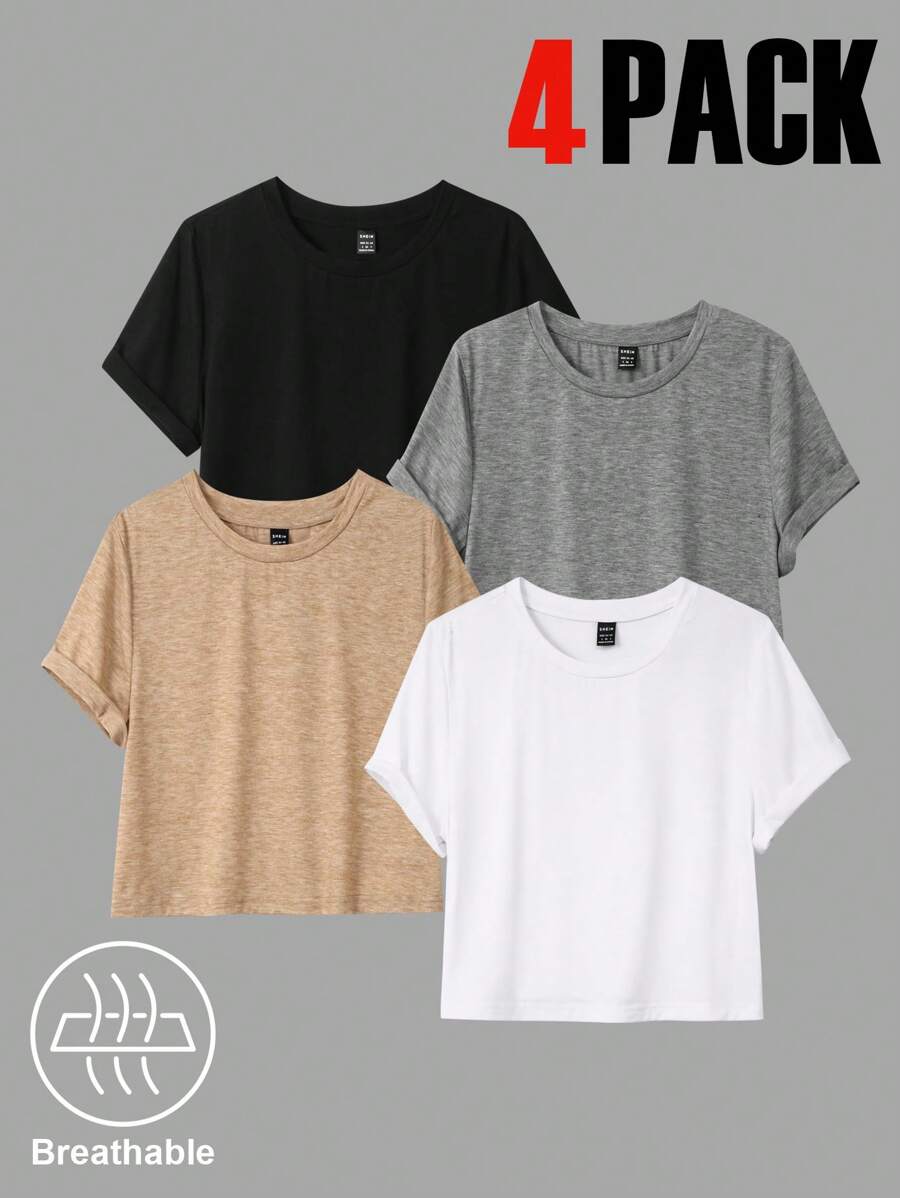 SHEIN EZwear Jednolity kolor dzianinowy damski T-shirt prosty modny swobodny codzienny