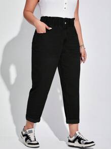 SHEIN ICON Gerade geschnittene Damen Jeans in großen Größen mit Rüschensaum und Taschen in der Taille