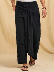 Genlund Men's Solid Color Knotted Waist Straight Loose Casual  Black Pants Men Baggy - Black - View 4