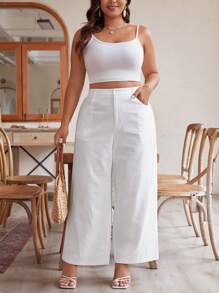 SHEIN Frenchy Women's Plus Size Simple Solid Color Daily Pants - White - View 3