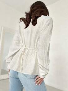 Firerie New Linen-Like Cool Fabric Twisted Tie Drop Shoulder Shirt - White - View 1