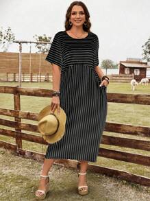 EMERY ROSE Vestido casual de verano con bolsillo y rayas para mujer de talla grande, vestimenta occidental para mujeres - Blanco y Negro - Ver 4