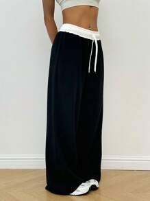 Dewbera Pantalon de sport évasé ample à taille haute de yoga, blocs de couleurs - Noir - Voir 8