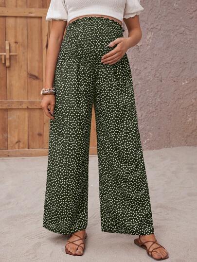SHEIN Pregnant Women Casual Daily Ditsy Floral Drawstring Waist Wide-Leg Pants