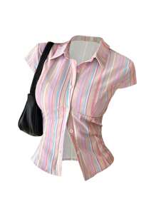 SHEIN Unity Women Rainbow Stripe Slim-Fit Short Sleeve Shirt, Spring/Summer - Multicolor - View 1