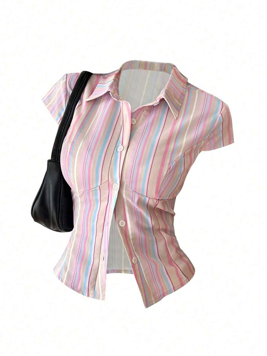 SHEIN Unity Women Rainbow Stripe Slim-Fit Short Sleeve Shirt, Spring/Summer - Multicolor - View 1