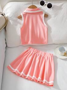 SHEIN Explorewe 2 件套女婴无袖粉色 Polo 领心形印花拼接白色边缘上衣和松紧腰 A 字裙套装，舒适可爱，适合春、夏、秋季 - 粉色 - 查看 7