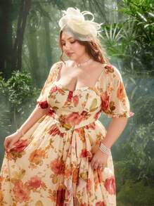 Flirla 大码女式玫瑰纱短袖连衣裙 - 粉色 - 查看 3