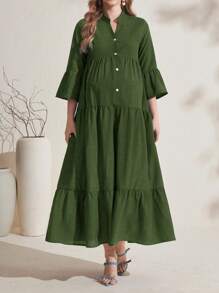 SHEIN Maternity Solid V-Neck Long Loose Patchwork Button Dress - Green - View 3