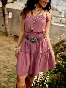 LanaWest Spaghetti Strap Shell Trim Tassel Patchwork Women Dress