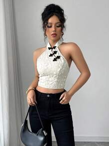 Elenzga Áo hở vai thiết kế nút hoa jacquard dành cho nữ - trắng - Xem 5